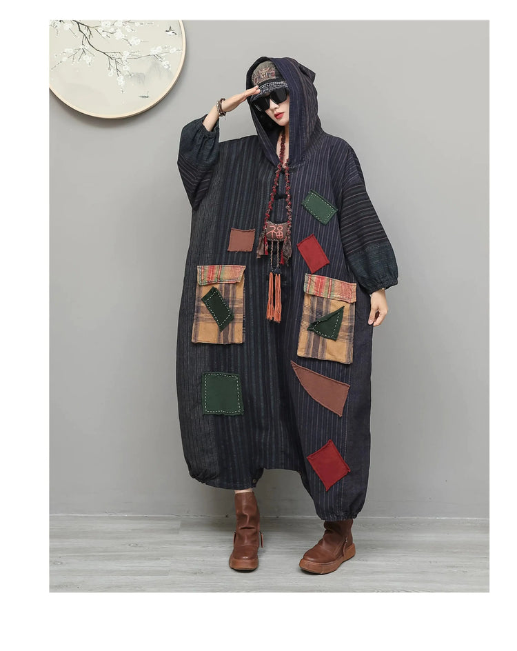 Unique Vintage-style Patchwork Jumpsuit Women Autumn Loose Hooded Long Sleeves Overalls LX6788