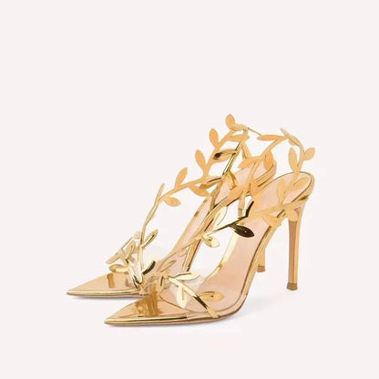 2026 Summer Fashion Patent Leather Gold Leaf Women Sandals Elegant Pointed Toe Thin High Heels Gladiator Sandalias Party Shoes