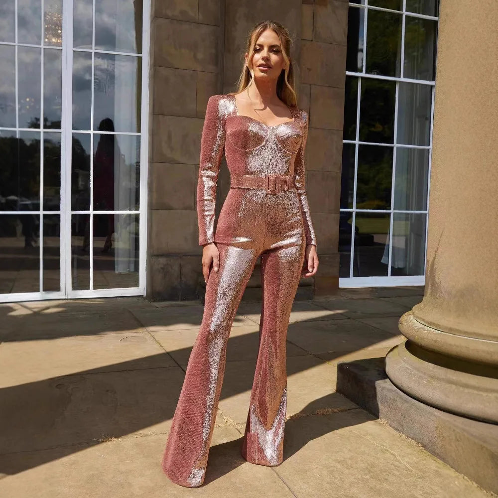 Jumpsuits Women Sequin One Piece Floor Length Pant Overalls Full Sleeve Bodycon Party Night Rompers Splice High Waist Belt