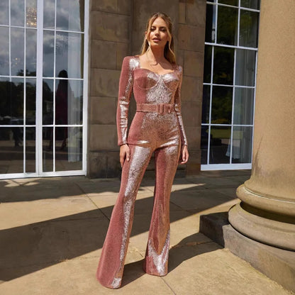 Jumpsuits Women Sequin One Piece Floor Length Pant Overalls Full Sleeve Bodycon Party Night Rompers Splice High Waist Belt
