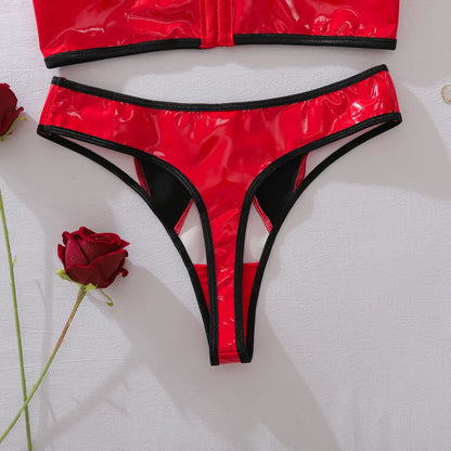 European and American spicy girl comfortable contrasting PU leather slim fit shaping sexy lingerie two-piece set