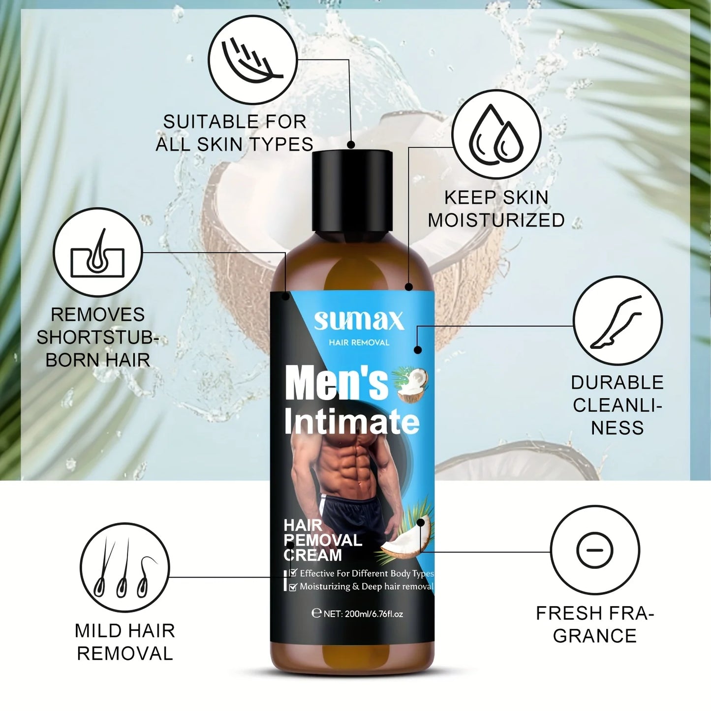 Coconut Oil Men's Private Hair Removal Cream, Suitable for Chest, Underarm, Belly, Legs, Deep Moisturizing, Smooth Skin, 200ml