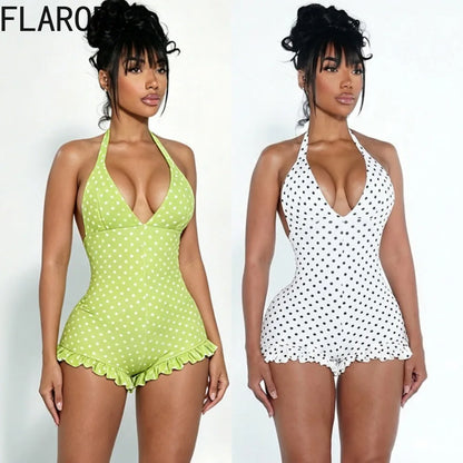 FLARORA Hottie Polka Dot Print Rompers Woman Sexy Halter V Neck Bandage Backless Skinny Ruched Playsuits Sweet Trend Streetwear