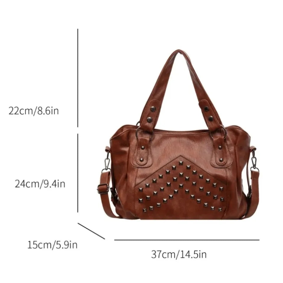 Rivet Punk Large Capacity Handbags Top Quality Sturdy Soft Leather Casual Tote Bag Shoulder Crossbody Bags Daily Commute Travel