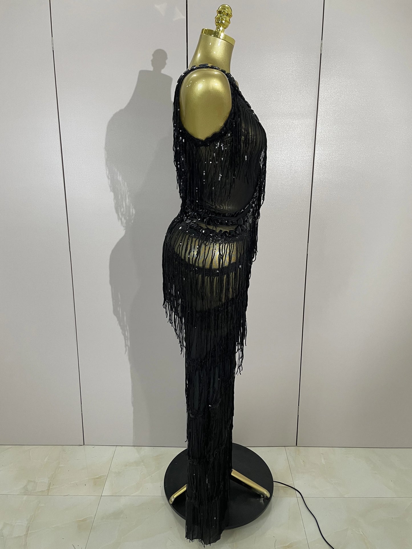 Sparkly Black Rhinestones Sequined Fringe Jumpsuit Women Sexy Nightclub Party Birthday Outfit Show Singer Stage Perform Costume