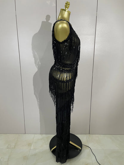 Sparkly Black Rhinestones Sequined Fringe Jumpsuit Women Sexy Nightclub Party Birthday Outfit Show Singer Stage Perform Costume