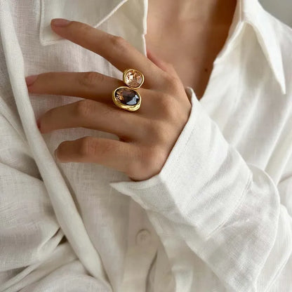 Vintage Brown Crystal Elliptical Open Rings For Women Luxury Rhinestone Contrasting Geometric Adjustable Finger Ring Jewelry