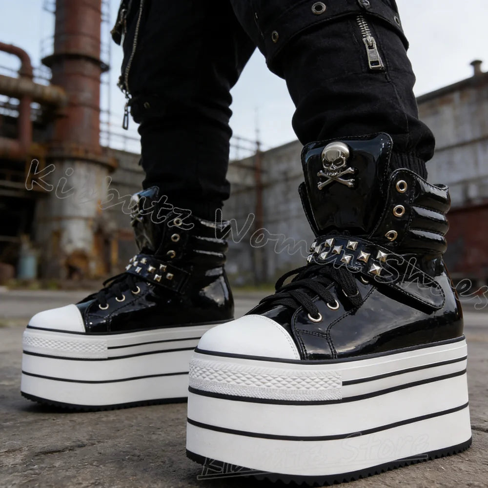 Leather Sports Ankle Boots Platform Rivet Lace-Up Women Shoes Mixed Color Thick Bottom Round Toe Luxury Novelty Concise Sexy New