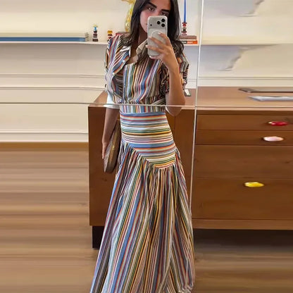Elegant Colorful Stripe Shirt Skirt Set Women 2026 Puff Sleeve Lapel Shirts High Waist Long Skirts Autumn Lady All-matching Suit