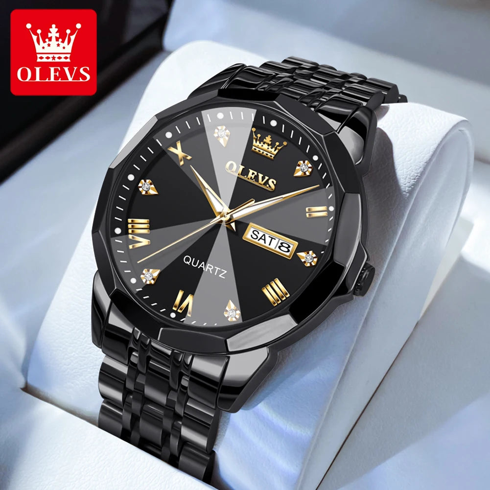OLEVS Original Waterproof Men's Watches Diamond Mirror Quartz Watch for Man Luminous Stainless Steel Wristwatch Male Date Week