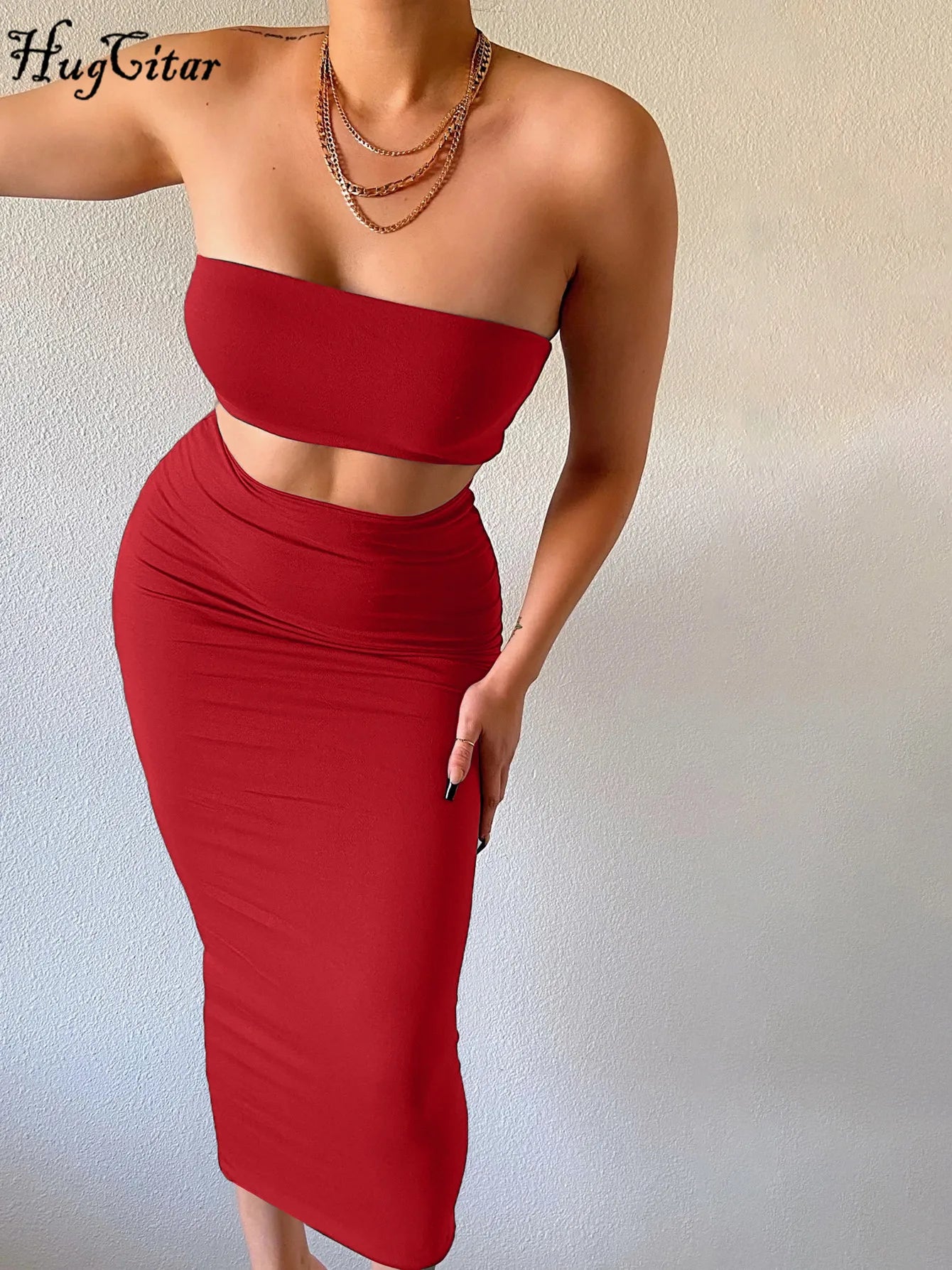 Hugcitar Women Elegant 2 Pcs Sets Strapless Sexy Tube Crop Tank Top Maxi Skirt 2025 Summer Women Casual Clothes Party Festival