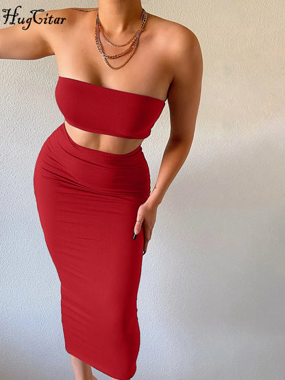 Hugcitar Women Elegant 2 Pcs Sets Strapless Sexy Tube Crop Tank Top Maxi Skirt 2025 Summer Women Casual Clothes Party Festival