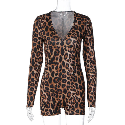 Dulzura Autumn Fashion Sexy V-Neck Long Sleeve Leopard Bodycon jumpsuit Women'S Casual Elegant Romper Party Club Street Clothes