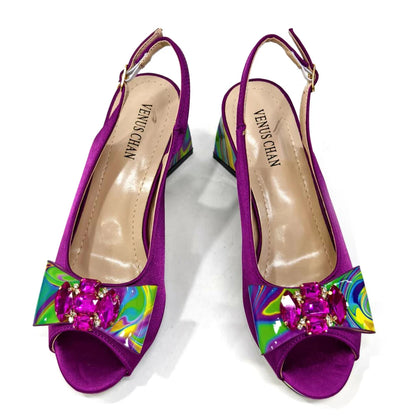 Venus Chan 2024 Fashion Purple Color Painted Rhinestones Elegant Peep Toe Sandals Shoes and Bag Set Italian Heels for Womens