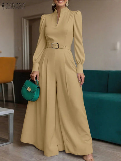 ZANZEA Fashion Women Jumpsuits 2026 Spring Overalls Pants Elegant OL Work Wide Leg Trousers V Neck Long Sleeve Romper Streetwear