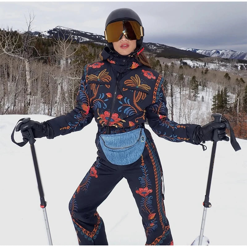 Floral Print One Piece Ski Suit Fashion Hooded Waterproof Thermal Snowboard Jumpsuit 2026 Winter Outdoor Windproof Snow Outfit
