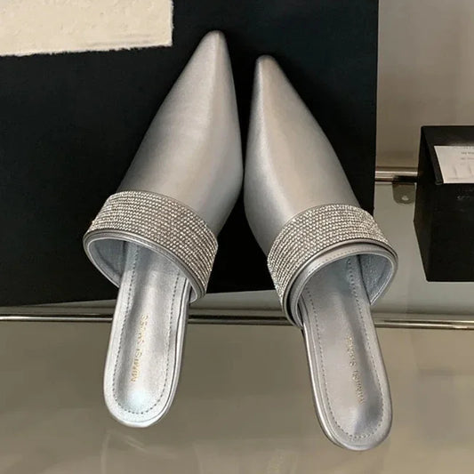 Pointy Toe Mules Women Slides Sandals Luxury Rhinestones Dress Shoes Summer 2025 Low Heel Gold Designer Slippers Ladies Pumps