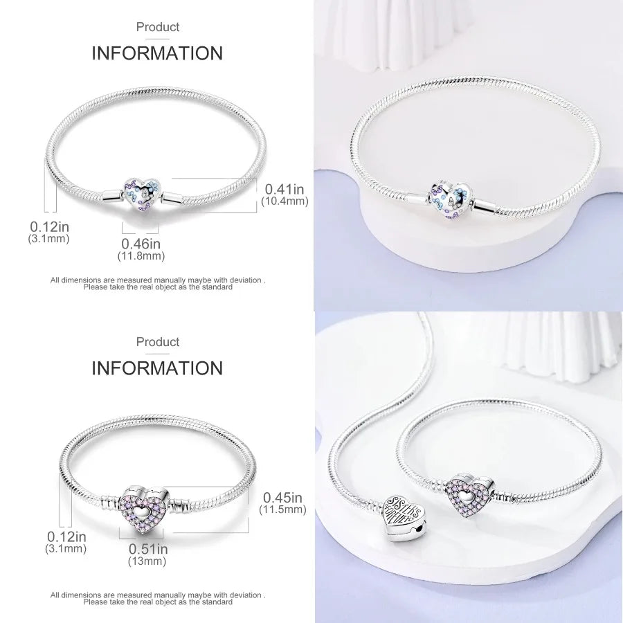 Silver 925 Bracelet Original Bracelets Colorful Zircon Heart Flower Cat Snake Chain For DIY Charms 17-20CM Luxury Jewelry Gifts