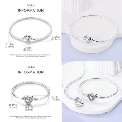 Silver 925 Bracelet Original Bracelets Colorful Zircon Heart Flower Cat Snake Chain For DIY Charms 17-20CM Luxury Jewelry Gifts