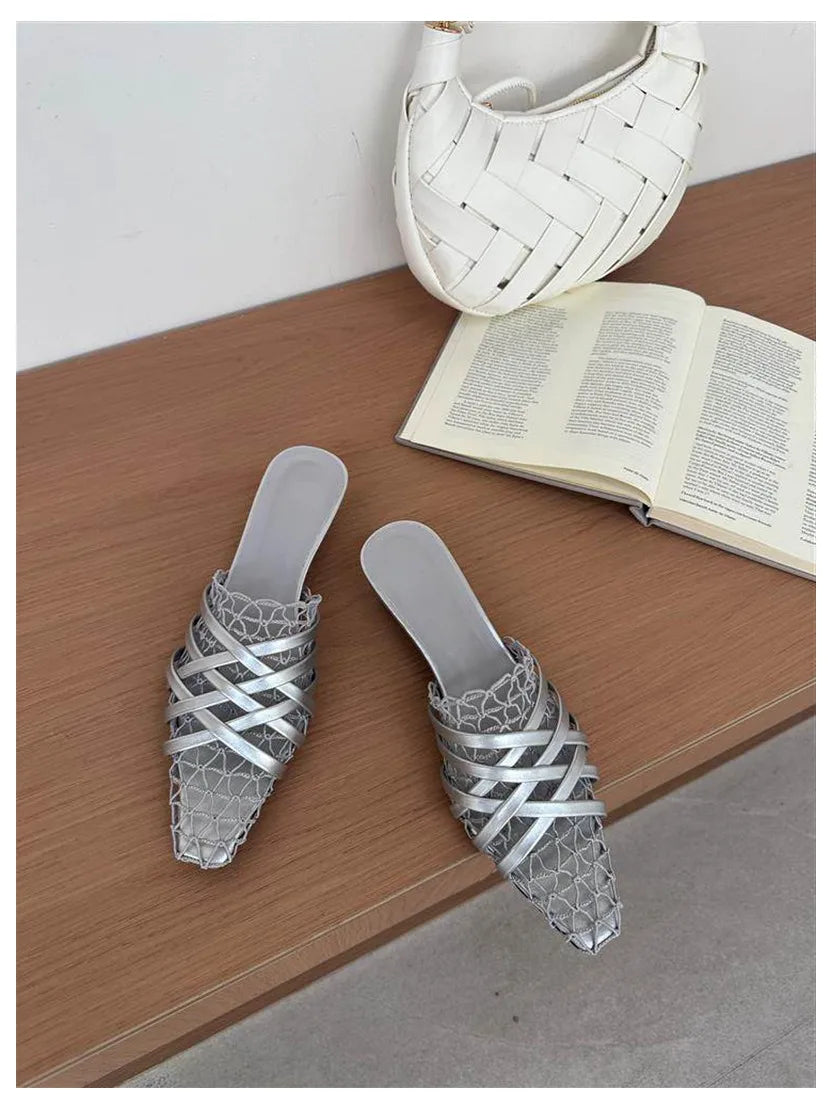 2026 Summer Luxury Fashion Designer Slippers Women Lace Mesh Square Toe Slip On Mule Slippers Low Heel Sandal Casual Shoes Muje