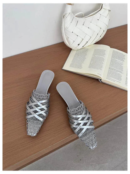 2026 Summer Luxury Fashion Designer Slippers Women Lace Mesh Square Toe Slip On Mule Slippers Low Heel Sandal Casual Shoes Muje