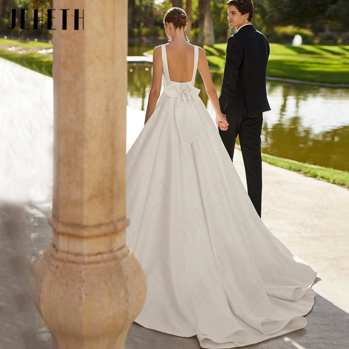 JEHETH Simple A Line Wedding Dresses 2026 New Scoop Neck Backless Bridal Gown For Women Court Train Customized Bride Dress
