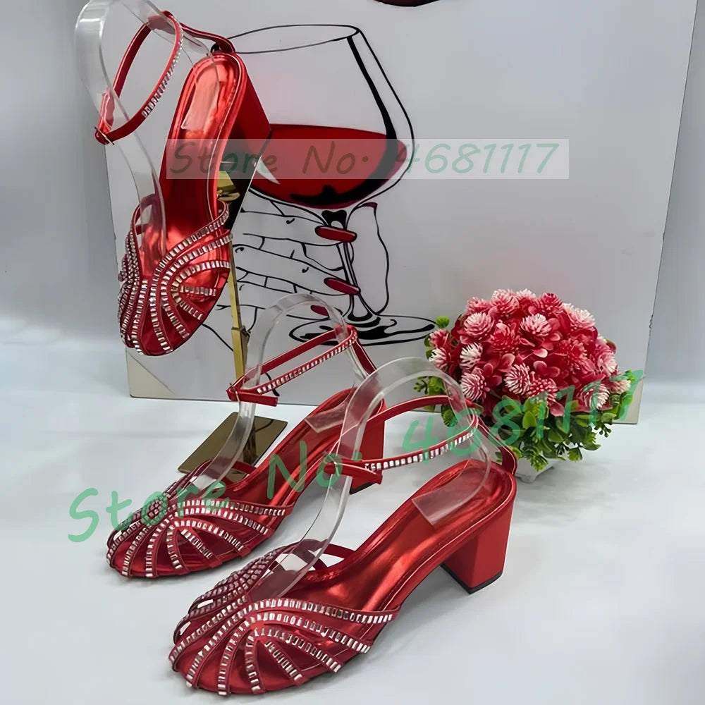 Crystal Caged Mid Block Heel Satin Sandals Women Metallic Leather Luxury Feminine Shoes Ladies Summer Ankle Strap Evening Shoes