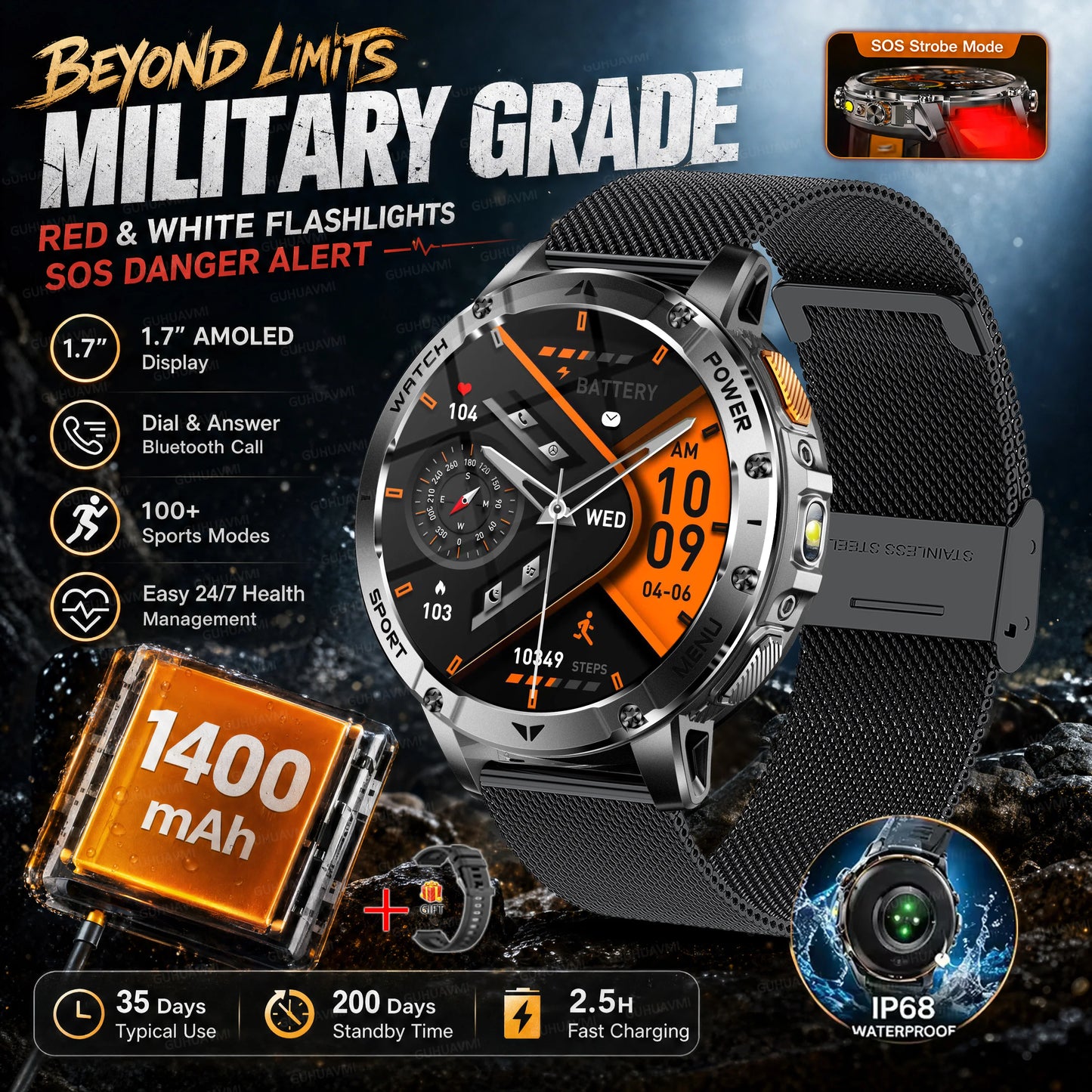 TANK Ultra Outdoor Smartwatch 1400mAh Battery Military Watches Waterproof Two-color Tactical LED Flashlight Men Sports Bracelet