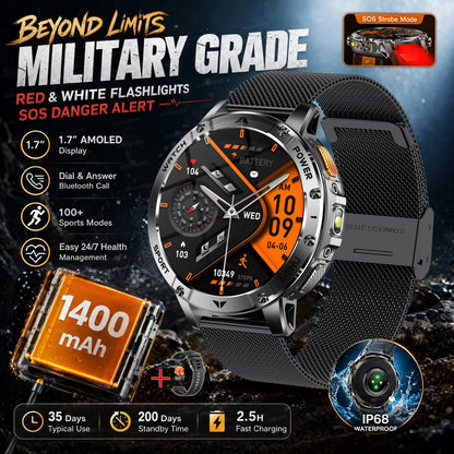 TANK Ultra Outdoor Smartwatch 1400mAh Battery Military Watches Waterproof Two-color Tactical LED Flashlight Men Sports Bracelet