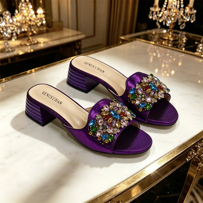 Women Luxury Multicolor Rhinestone Blue Heel Mules Black Satin Open Toe Slip On Sandals Elegant Wedding Evening Party Designer