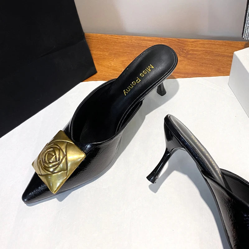Women High Heels Slippers Summer New Luxury Fashion Gold Flower Decoration Modren Sandals Ladies Pointed Toe Mules Shoes Slides