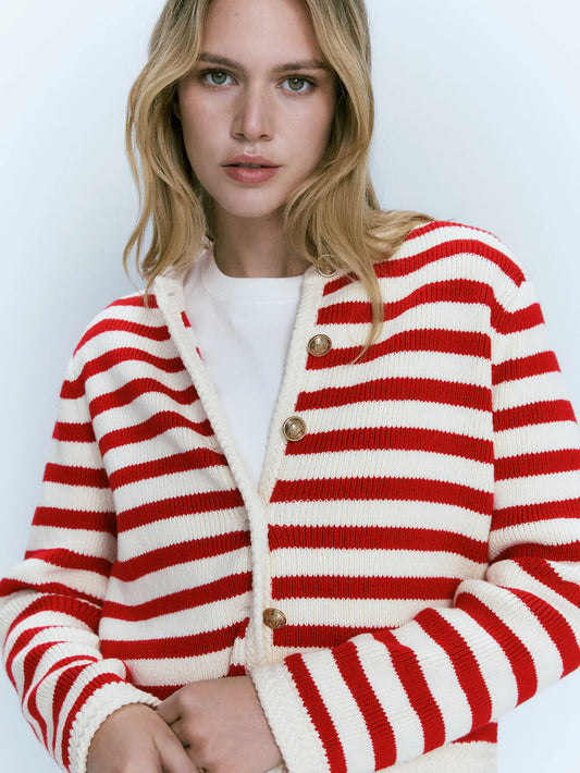 Ethereal Traf Md 2026 YAZHIMEI autumn new style of Women's casual fashion red Slim-fit commuter buckle classic striped cardigan