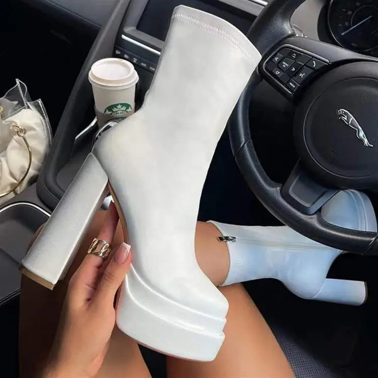Foreign Trade Women's Shoes Fashion Super High Heels Platform Short Boots New Chunky Heel Mid-calf Boots Casual Ankle Boots CD