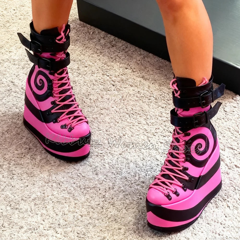 Platform Ankle Modern Boot Mixed Color Lace-Up Leather Round Toe Height Increasing Spicy Girls Shoes Fashion Elegant Concise New
