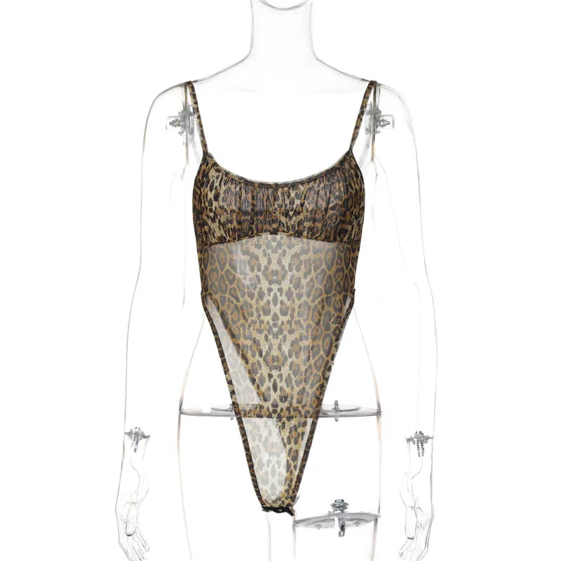 Shestyle Leopard Mesh Sexy Women Two Piece Sets Spaghetti Strap Bodysuit Flare Pants Sheer Brown Sexy Clubwear Waistless Outfit