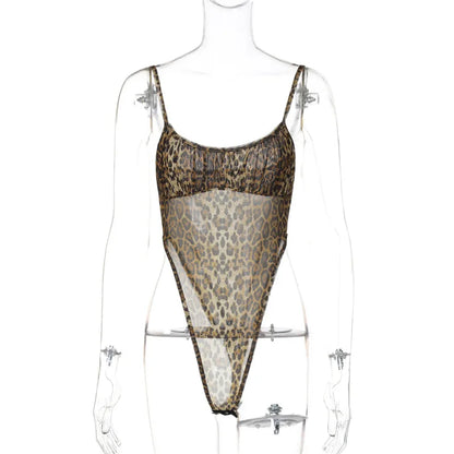 Shestyle Leopard Mesh Sexy Women Two Piece Sets Spaghetti Strap Bodysuit Flare Pants Sheer Brown Sexy Clubwear Waistless Outfit