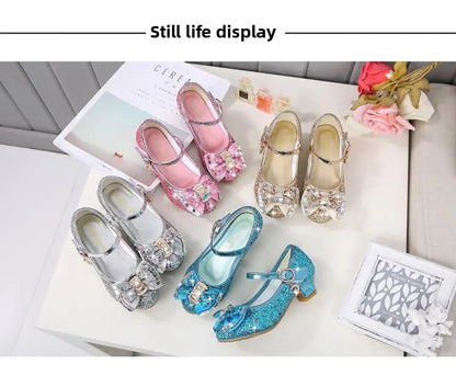 Princess Kids Leather Shoes for Girls Flower Casual Glitter Children High Heel Girls Shoes Butterfly Knot Blue Pink Silver