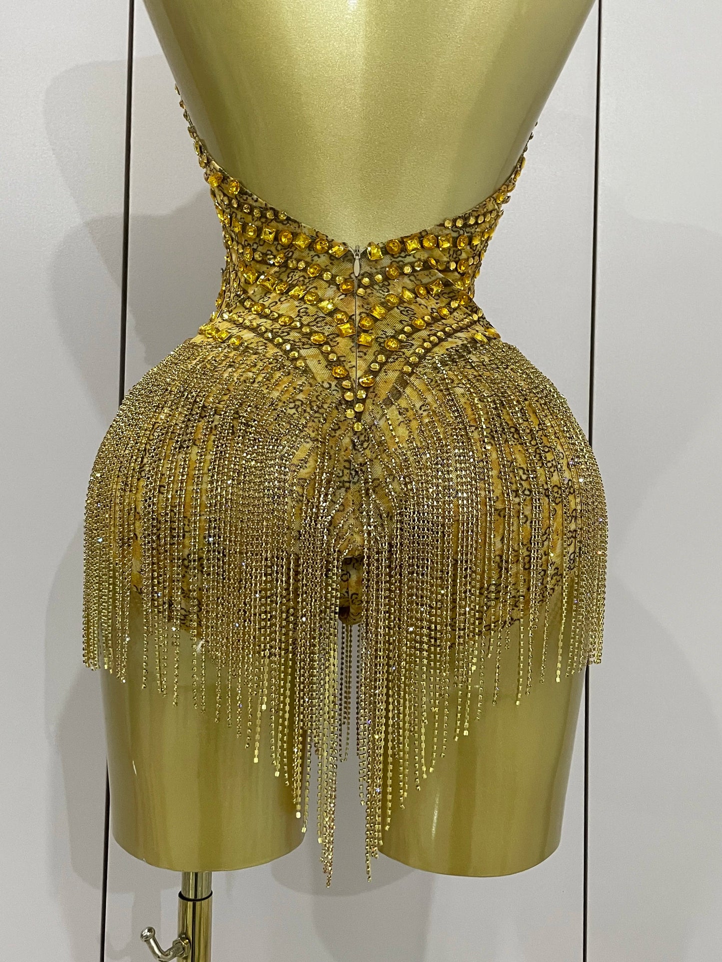 Luxury Golden Rhinestone Sexy Mesh Stretch Bodysuits Women Birthday Dancer Performance Stage Wear Nightclub Team Hotwife Outfit