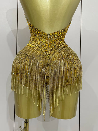 Luxury Golden Rhinestone Sexy Mesh Stretch Bodysuits Women Birthday Dancer Performance Stage Wear Nightclub Team Hotwife Outfit