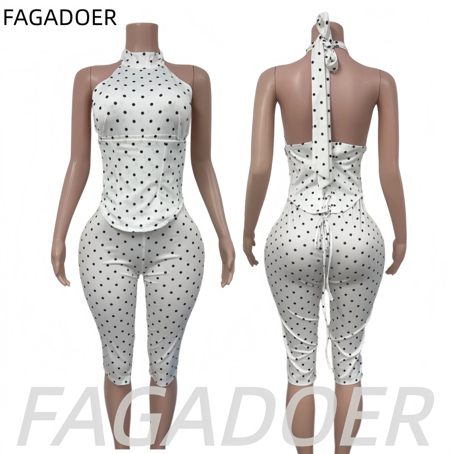 FAGADOER Cute Polka Dot Bodycon Rompers Hot Girl Streetwear Lace Up Bandage Corset Halter Jumpsuits Summer Night Club Playsuits