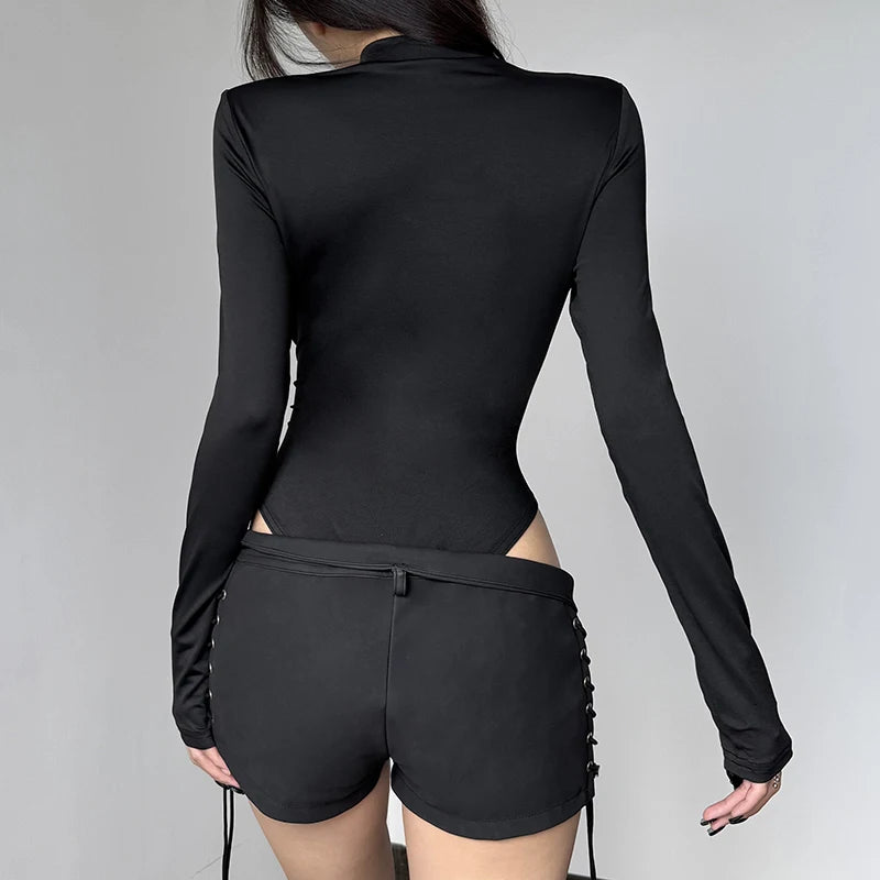 SUCHCUTE Snake-Net Patchwork Long-Sleeve Mesh Jumpsuit Vintage Sexy One-piece Suit Women Y2k Aesthetic Bodysuits Chic