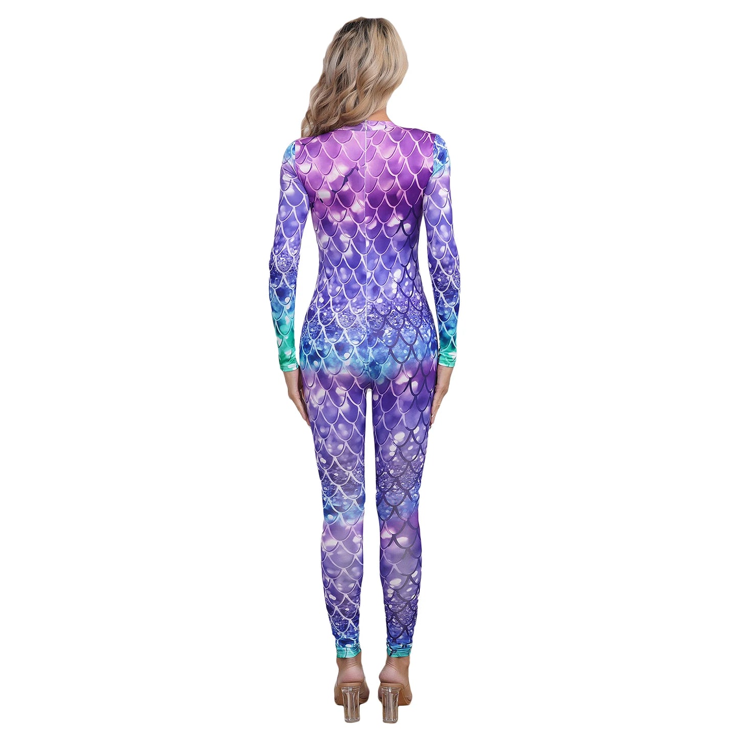 Womens Rash Guard One Piece Swimsuit Mermaid Fish Scale Print Long Sleeve Back Zipper Full Body Tops Sexy Swimwear Jumpsuit