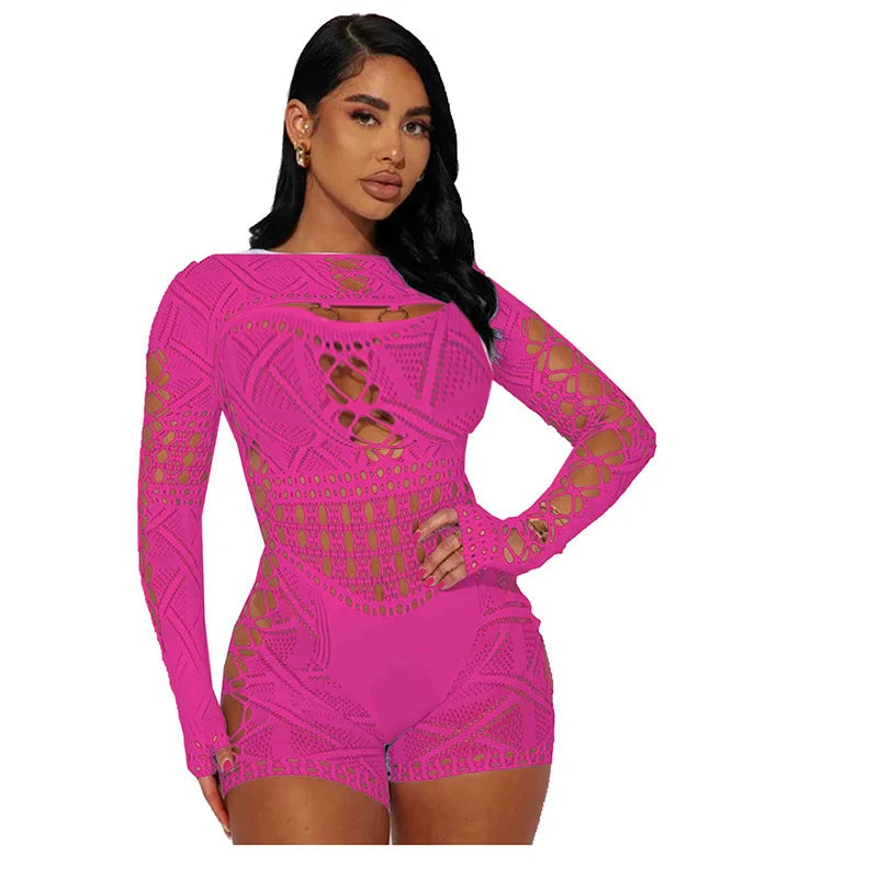 HBLL Sexy Sheer Mesh Playsuit Women Rompers Long Sleeve Hollow Out Skinny Night Club Outfit One Pieces Jumpsuit Shorts Bodysuit
