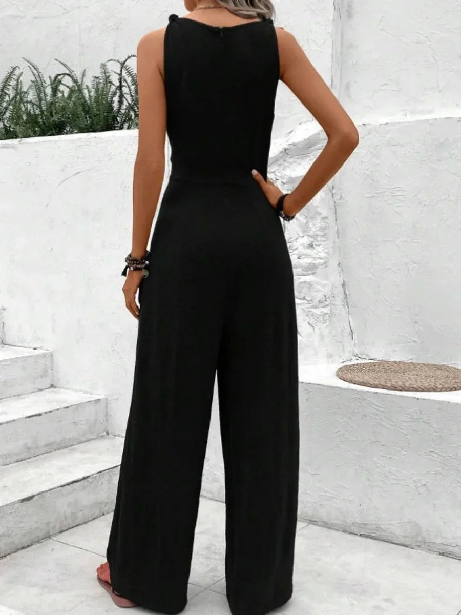 Fashion Solid Jumpsuit For Women Casual Sleeveless V Neck Lace-Up Wide Leg Pants Jumpsuits Lady Summer Holiday Womens Clothing