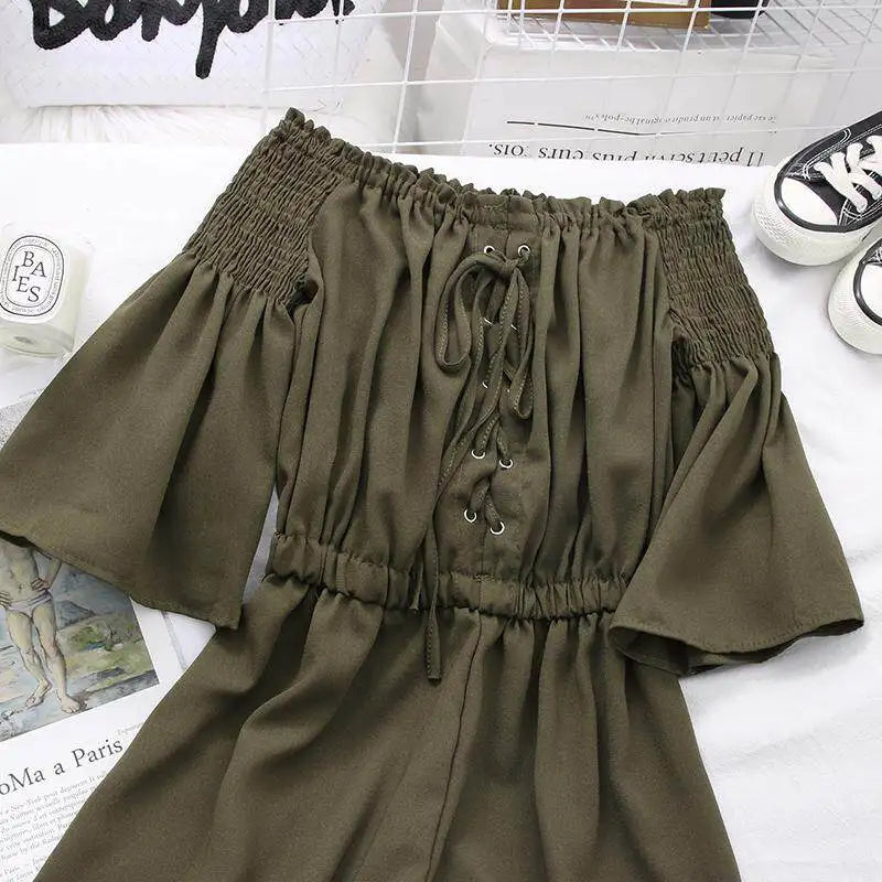 Women's Casual Summer Beach Romper Olive Green Off The Shoulder Lace Up Short Sleeve Elastic Waist Playsuit