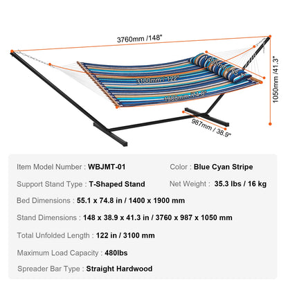 SucceBuy Two Person Hammock with Stand Included Double Hammock with Curved Spreader Bar and Detachable Pillow and Portable Bag