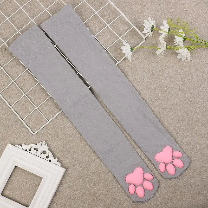 3D Cat Paw Thigh High Transparent Stockings Japanese Style Cute Pink Paw Print Sheer Tights Kawaii Lolita Cosplay Long Socks