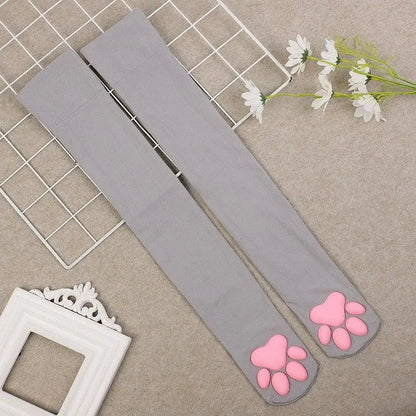 3D Cat Paw Thigh High Transparent Stockings Japanese Style Cute Pink Paw Print Sheer Tights Kawaii Lolita Cosplay Long Socks
