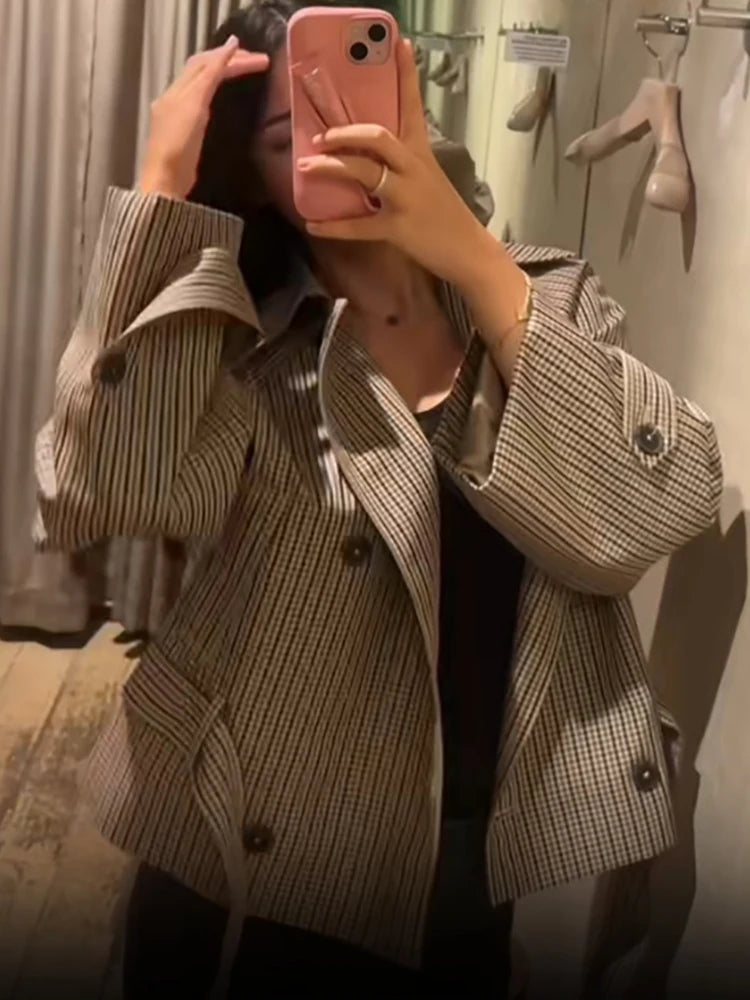 Trendy Plaid Cropped Trench Coat Women Chic Lapel Double Breasted Belted Waist Tie Long Sleeve Jacket Fall Windbreaker Outerwear