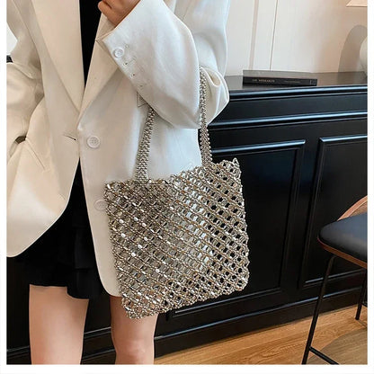 2026 Fashion Exquisite Bead Sense of Luxury Hollow Out Women‘s Handbags Hot Sale New No Zipper Acrylic Square Shoulder Bags